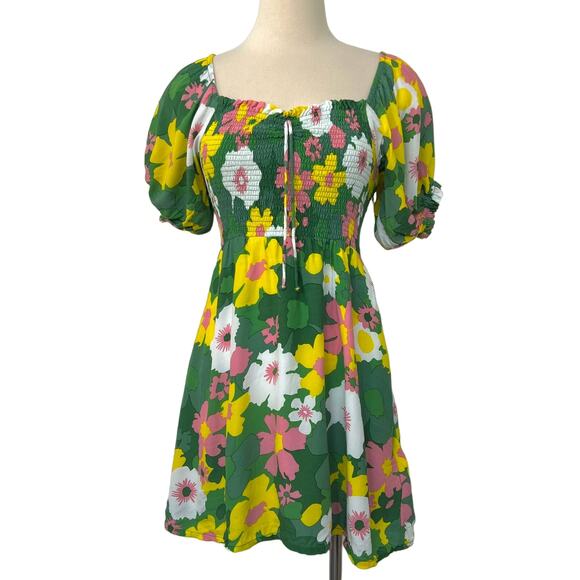 Faithfull the Brand Domenica Floral Print Mini Dress Green Smocked | US 6 - Picture 1 of 9